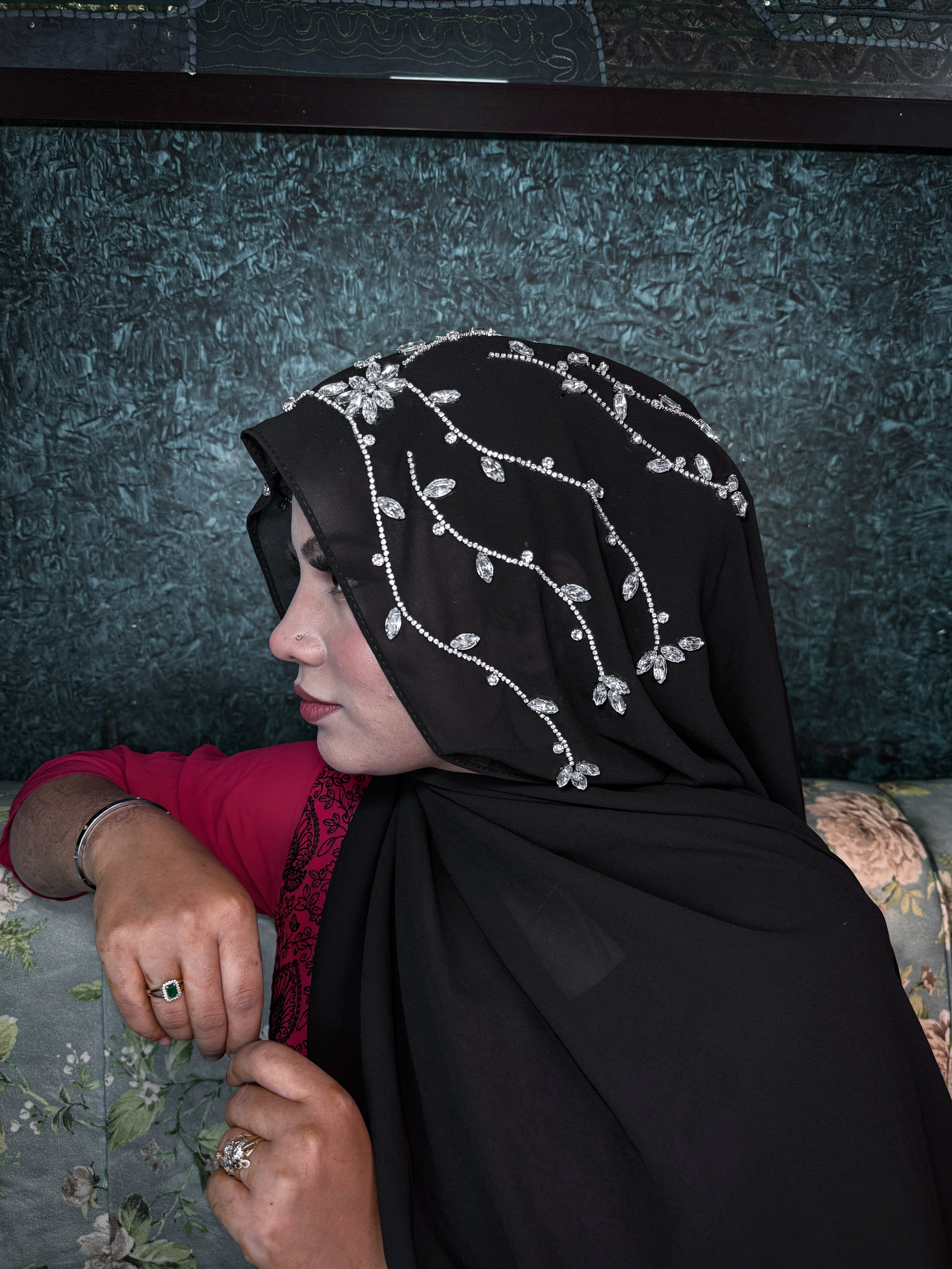 Black Diamond Premium Handwork Taj Hijab (SIZE 180 cm x 70 cm)