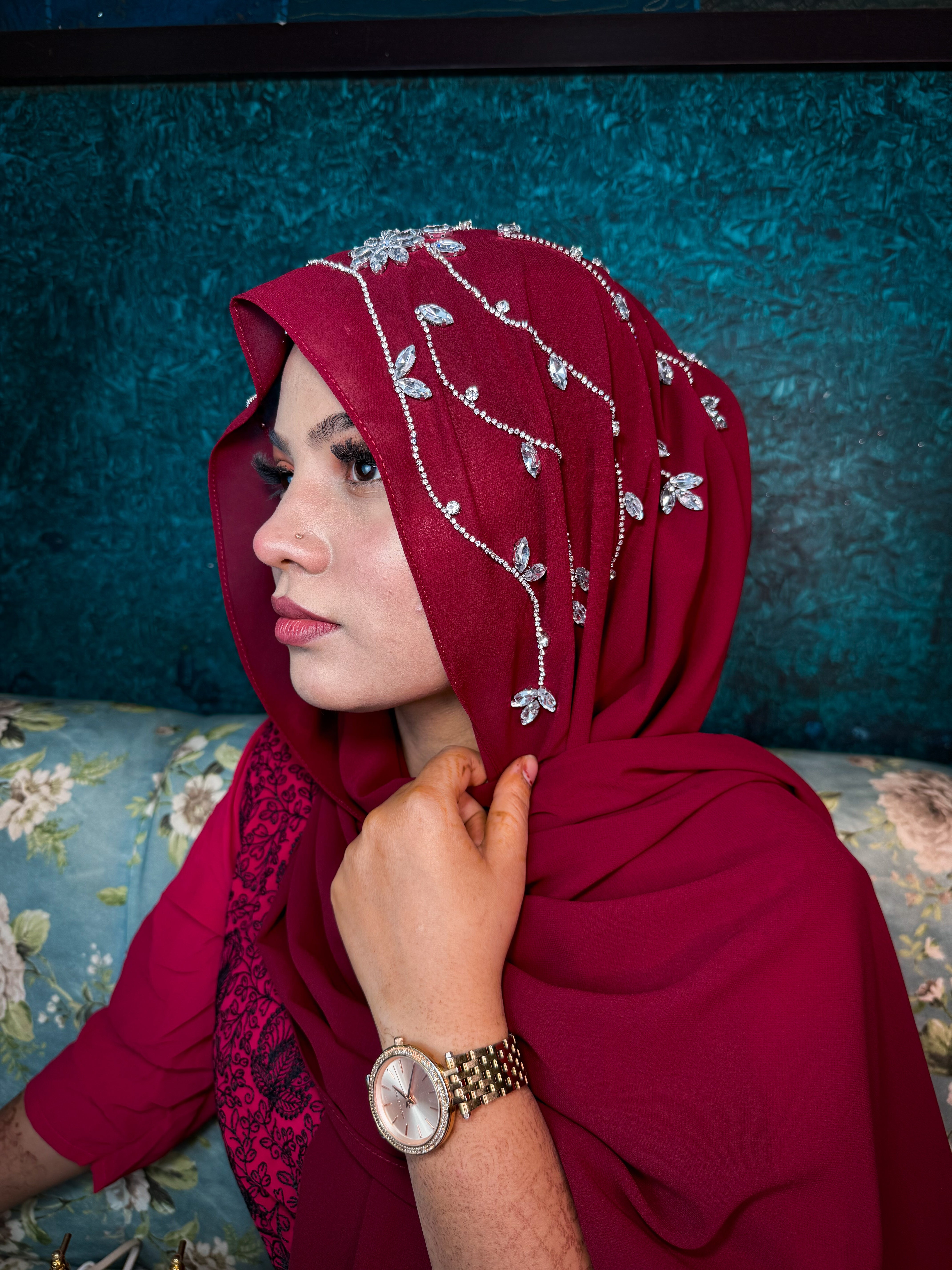 Maroon Diamond Premium Handwork Taj Hijab (SIZE 180 cm x 70 cm)