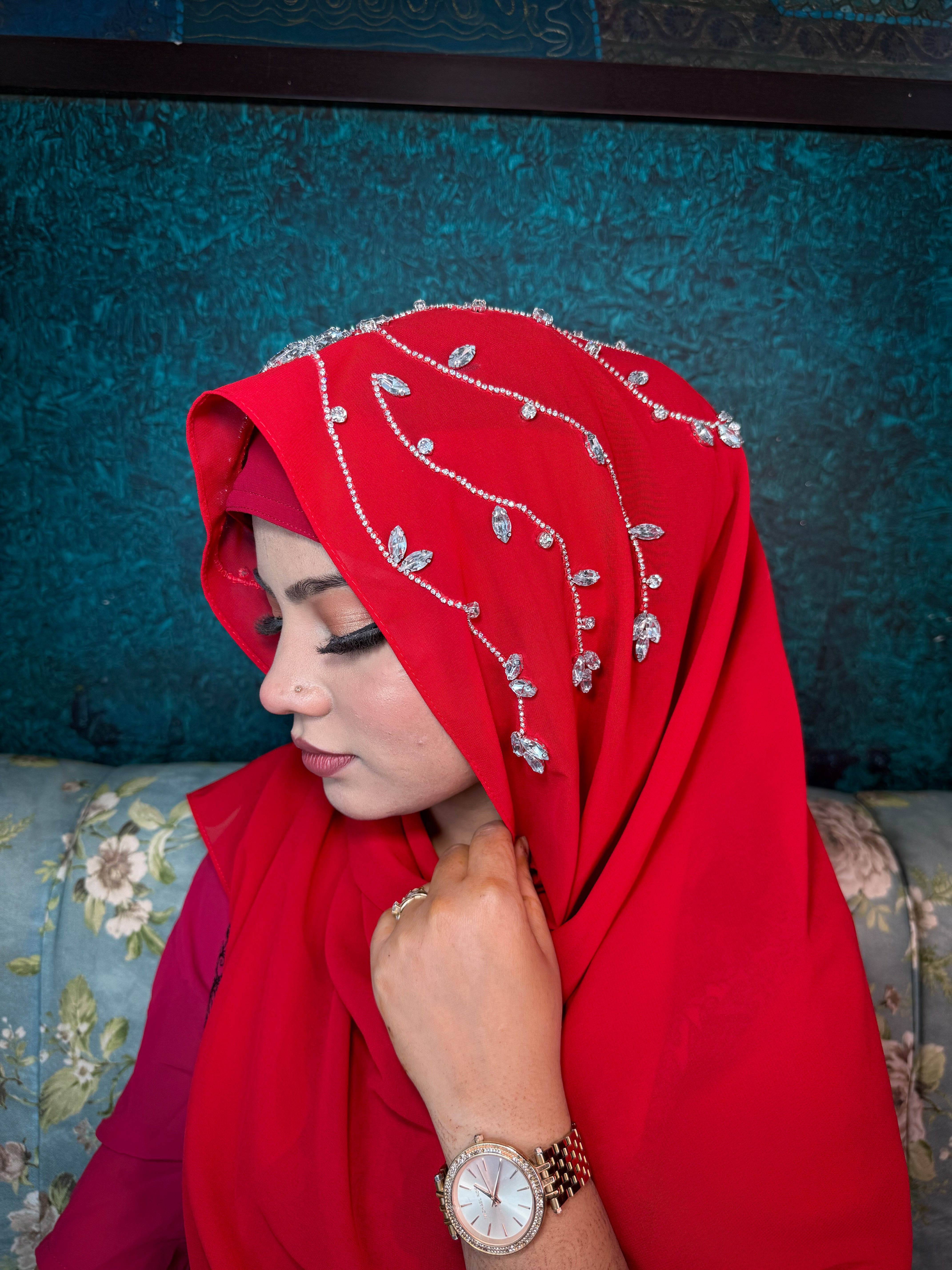 Red Diamond Premium Handwork Taj Hijab (SIZE 180 cm x 70 cm)