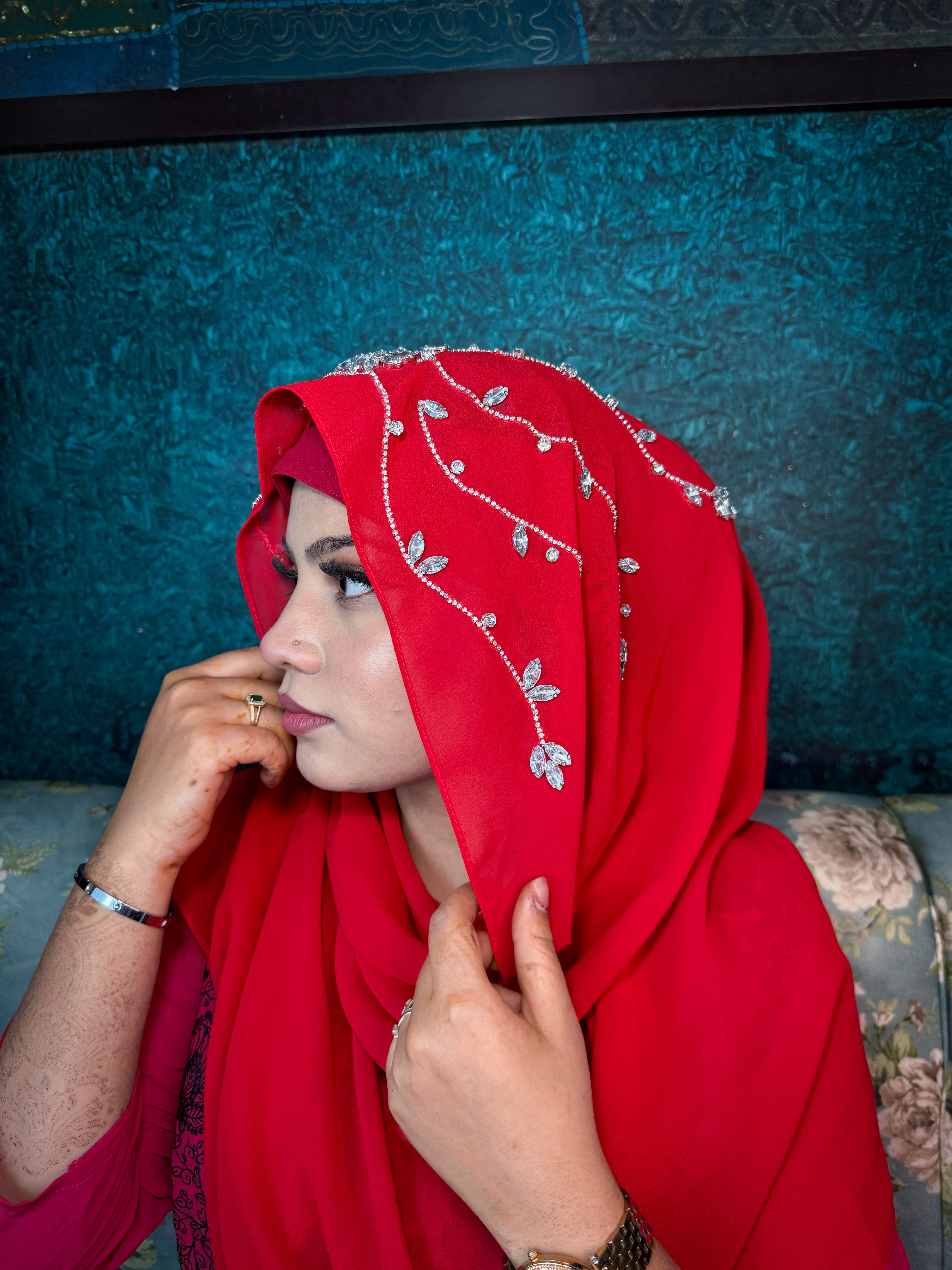 Red Diamond Premium Handwork Taj Hijab (SIZE 180 cm x 70 cm)