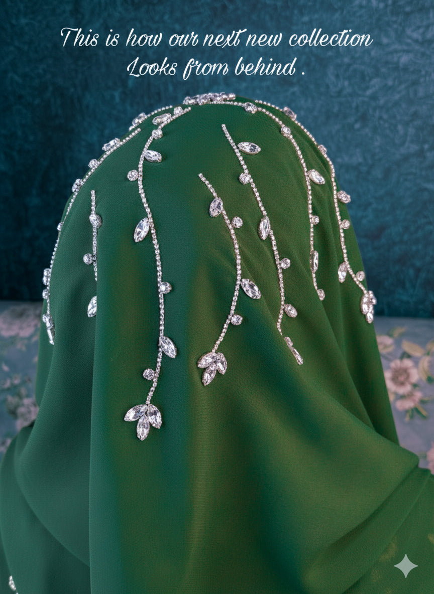 Olive Green Diamond Premium Handwork Taj Hijab (SIZE 180 cm x 70 cm)