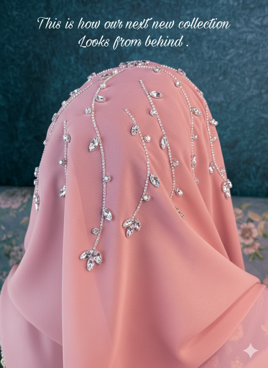 Salmon Pink Diamond Premium Handwork Taj Hijab (SIZE 180 cm x 70 cm)