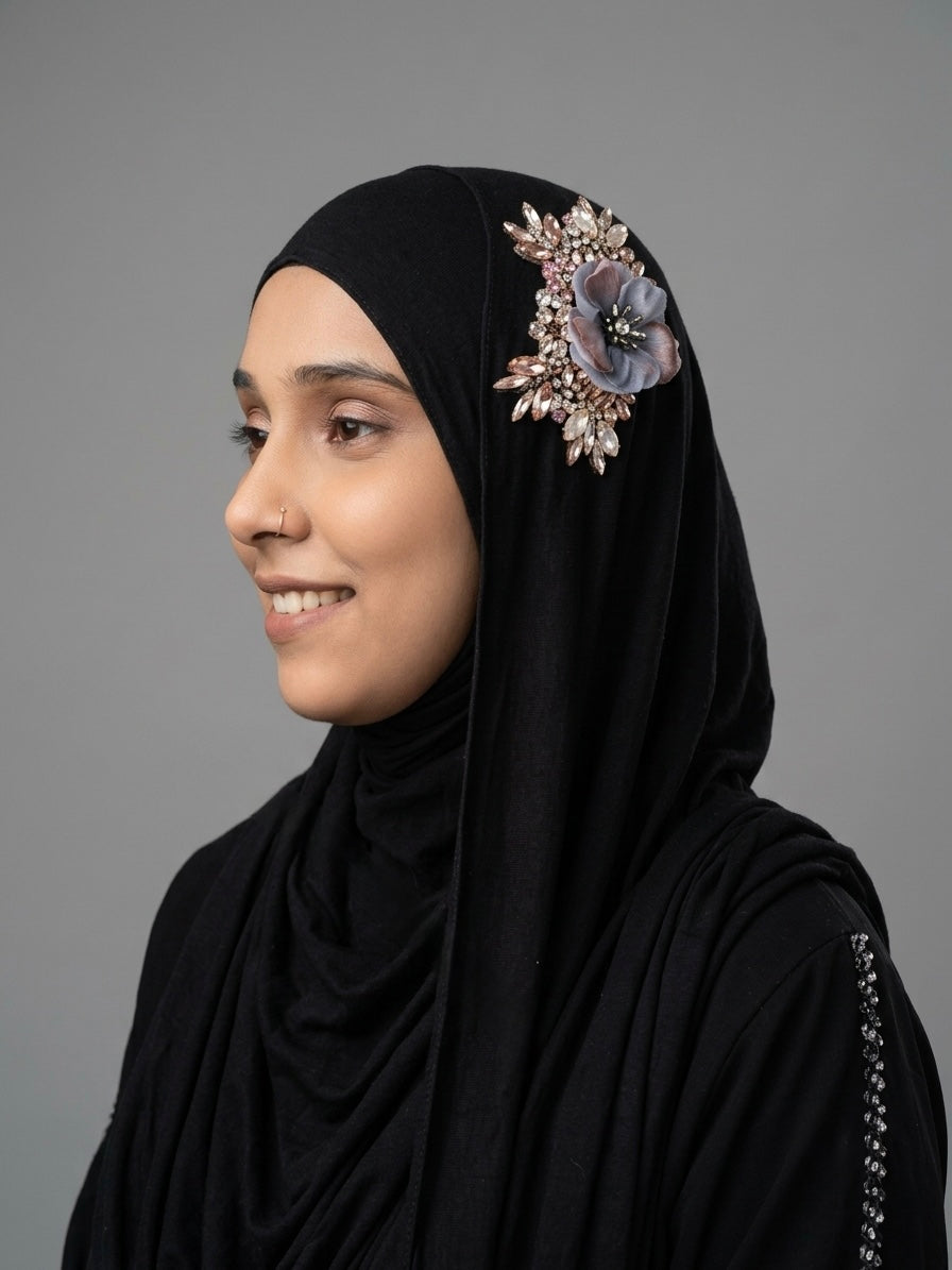 Instant Jersey Hijab with Embellished Floral Brooch – Pre-Stitched Slip-On Headscarf