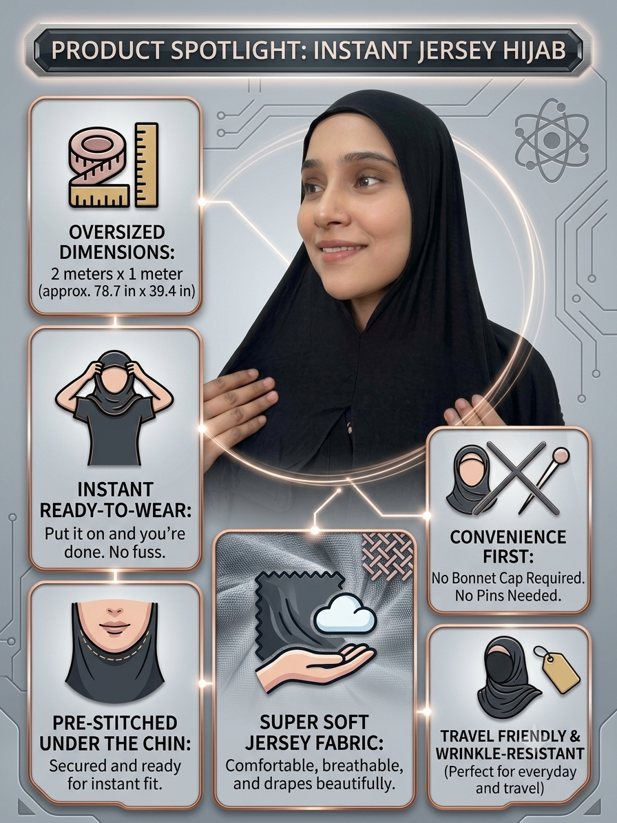 Instant Jersey Hijab with Embellished Floral Brooch – Pre-Stitched Slip-On Headscarf