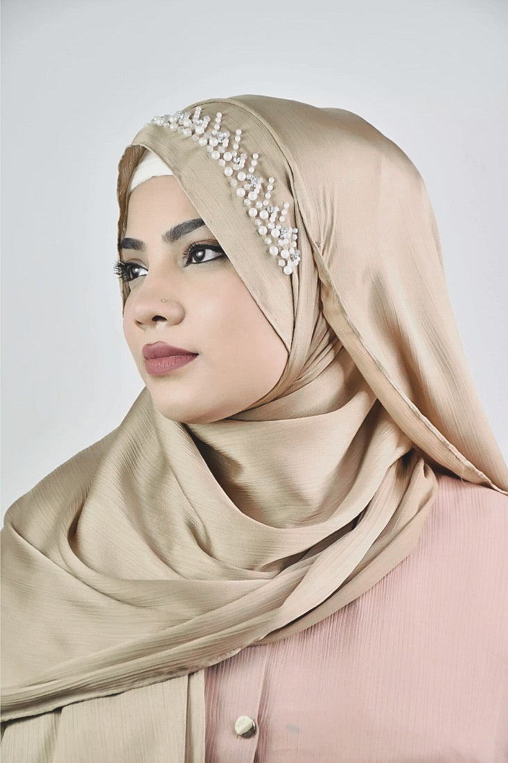 Beige Wedding Premium Satin Handwork Hijab