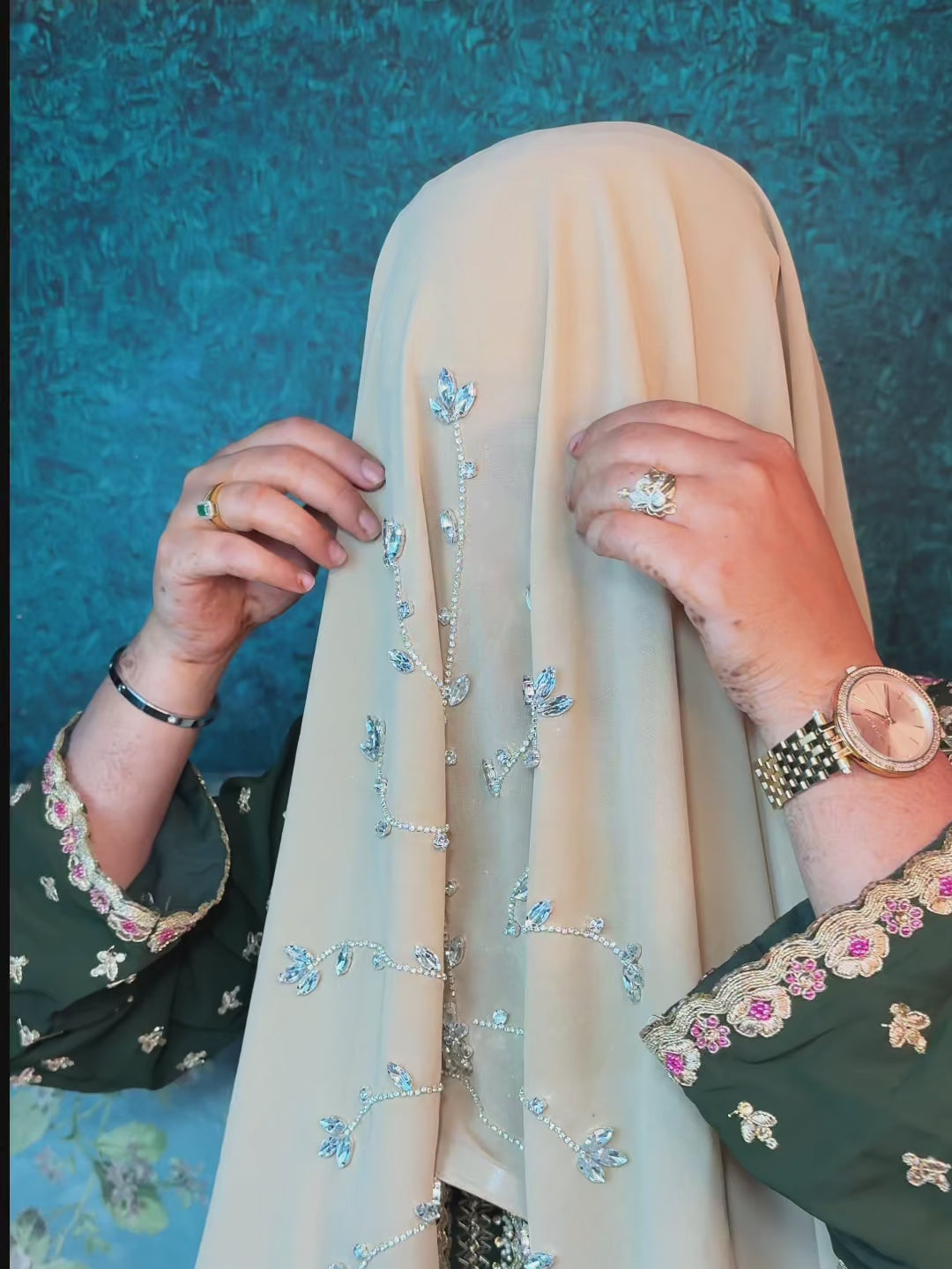 Beige Diamond Premium Handwork Taj Hijab (SIZE 180 cm x 70 cm)